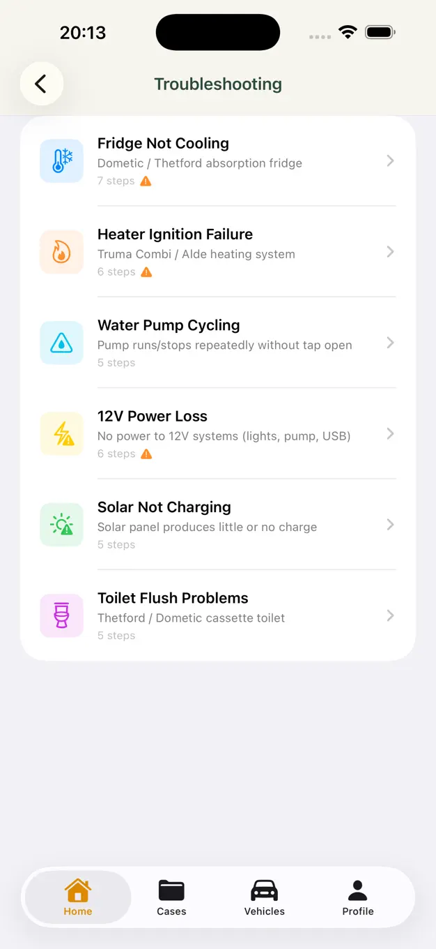 Fix4Camp troubleshooting screen on iOS